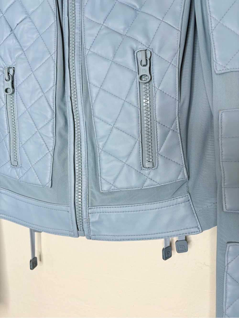 Blanc Noir Leather Quilted Moto Jacket Size Medium Light Blue Fog Mesh Biker - Picture 5 of 14